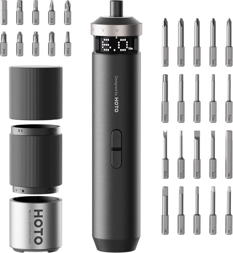 HOTO PixelDrive Electric Screwdriver, Smart Display, 6 Torque Settings, 0.5 to 6 N·m, 1/4'' Hex 30 Bits, LED Light, 2000 mAh Rechargeable Cordless Screwdriver Set for Electronics, Home Repair - Image 1